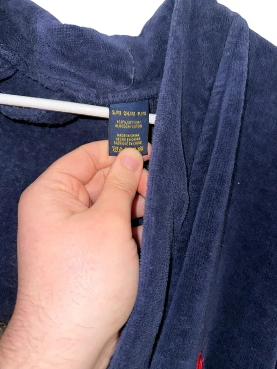 Polo Ralph Lauren Robe Small Medium Navy Blue Cotton Terry Cloth Spa Bathrobe - Picture 3 of 6
